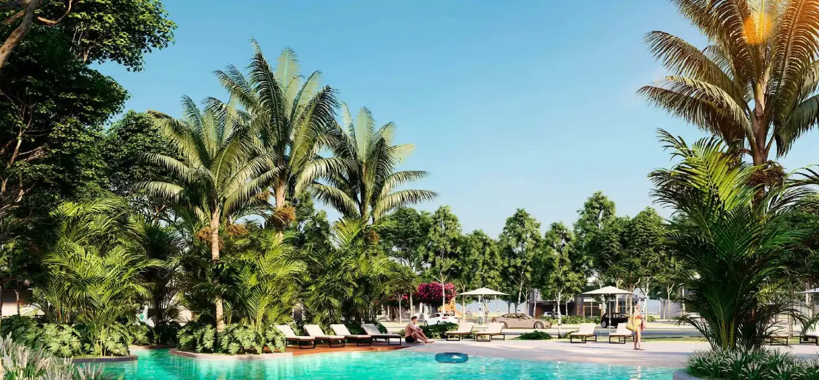 Piscina adulto com palmeiras no Oasis Laguna, condomínio fechado de lotes em Senador Canedo