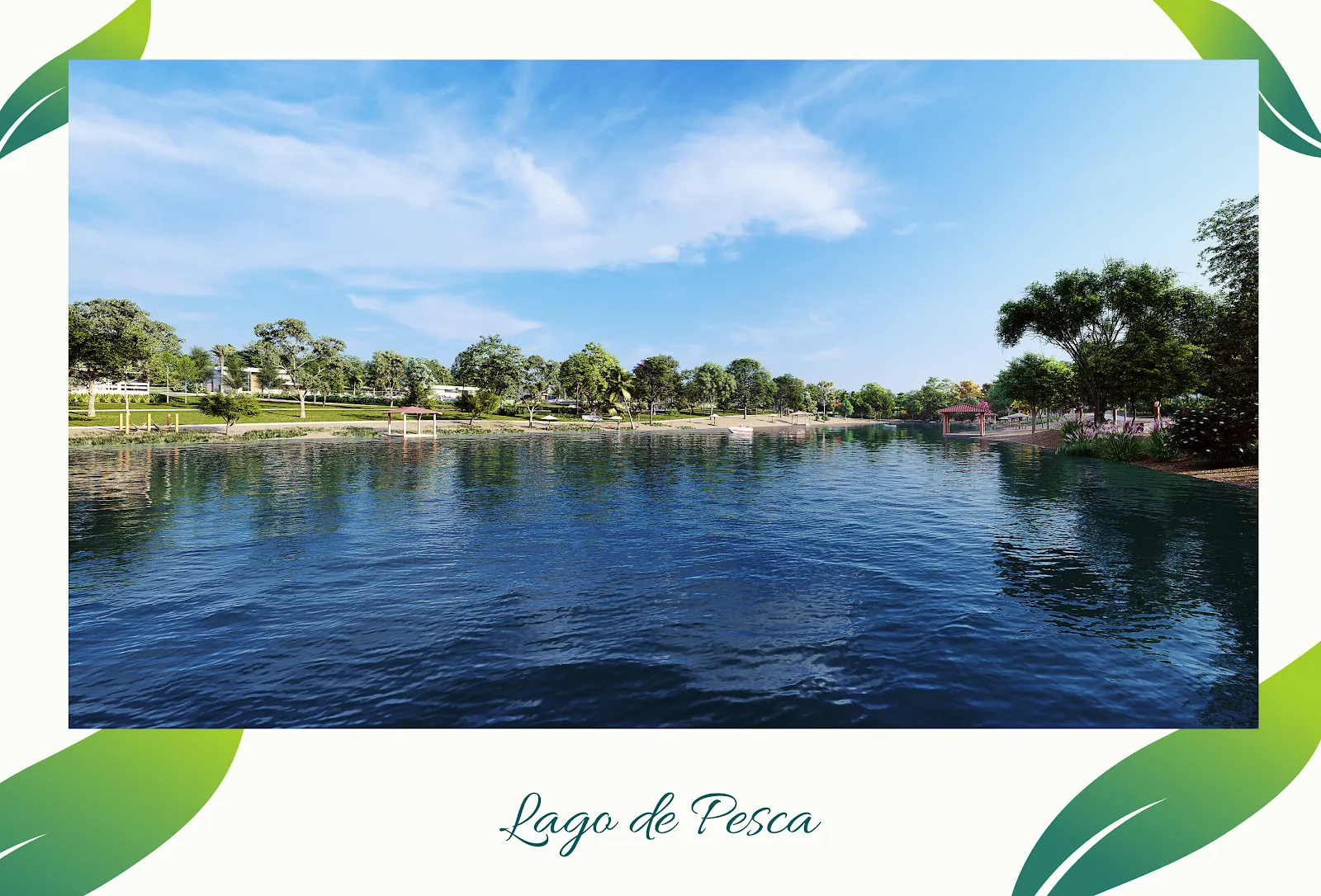 Lago de pesca com quiosques no condomínio Aldeia do Lago
