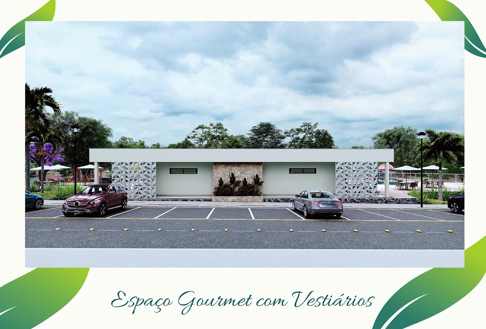 Espaço gourmet com vestiários no clube do Aldeia do Lago