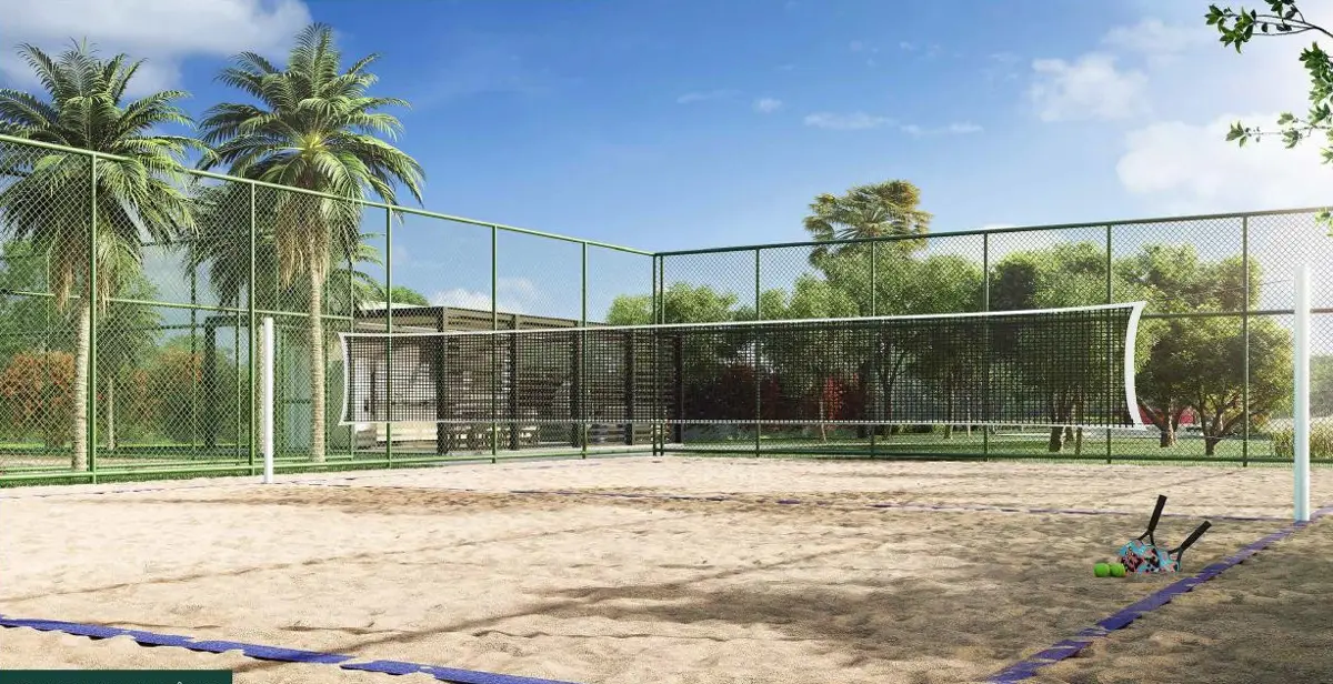 Vista aérea das quadras de beach tennis do Oasis Laguna, condomínio fechado em Senador Canedo