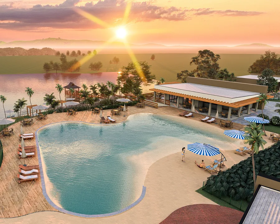Piscina com prainha à beira do lago no Alteza do Lago, condomínio de lotes em Santo Antônio de Goiás