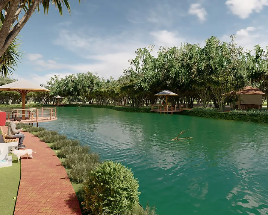 Lago para pesca com deck e quiosques no Quintas do Lago, condomínio de sítios de lazer em Aragoiânia